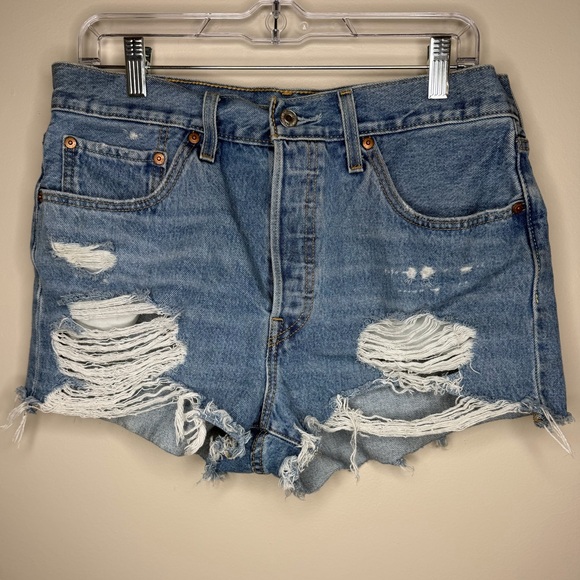 Levi's 501 Blue Distressed Jean Shorts - Picture 2 of 14